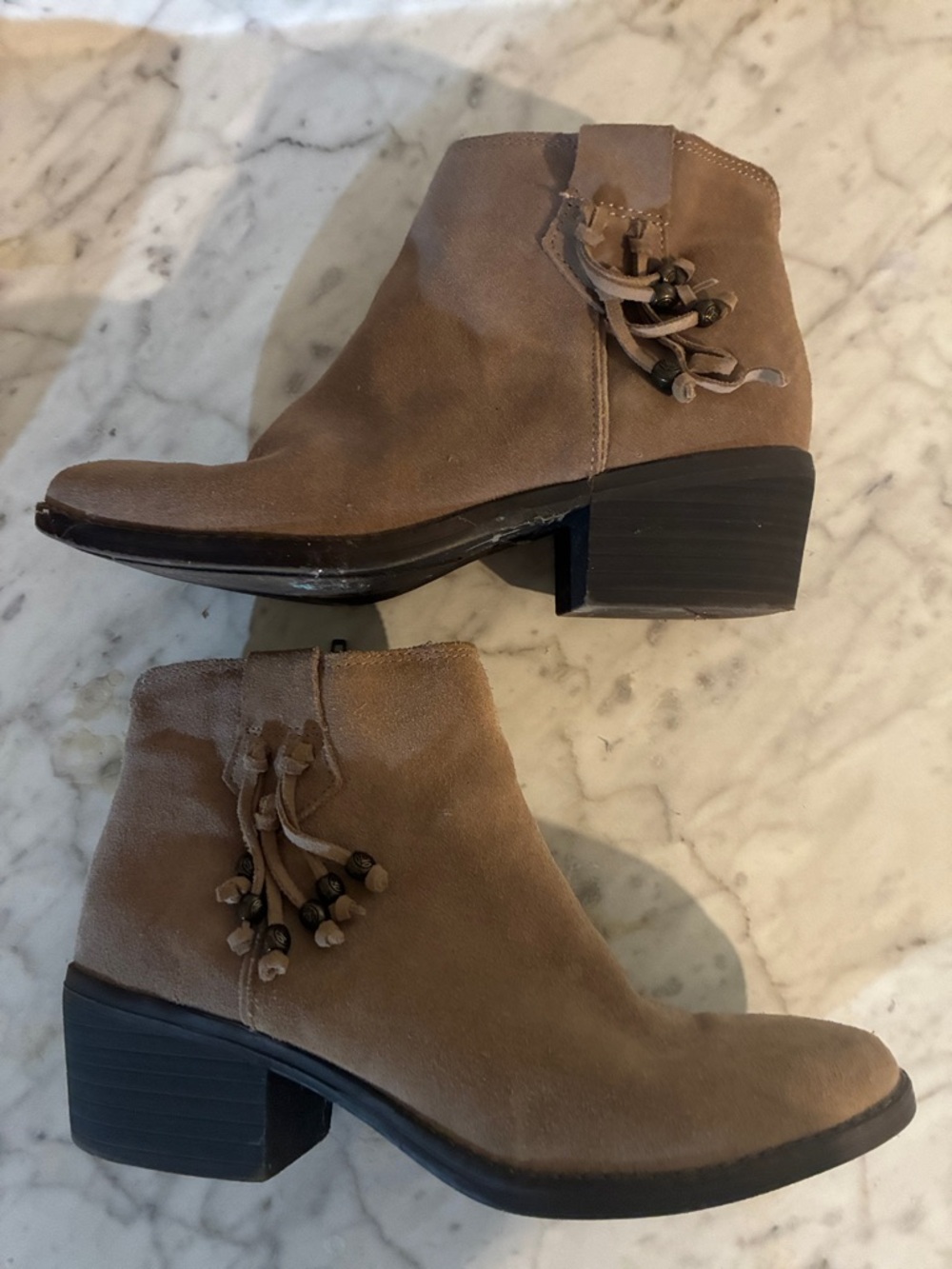 White Mountain Women's Taupe Suede Ankle Booties with Tassel Bead Trim